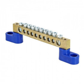 Шина "0" N (8х12мм) 10 отверстий латунь 2 синих угловых изолятора EKF PROxima