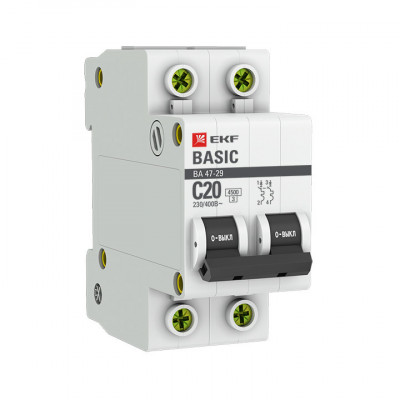 Автоматический выключатель 2P 20А (C) 4 5кА ВА 47-29 EKF Basic