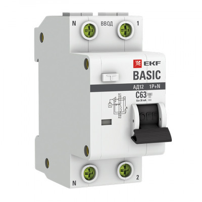 Автоматический выключатель дифференциального тока 1P+N 63А 30мА тип АС х-ка C эл 4 5кА АД-12 EKF Basic