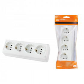 Розетка 4-х местная горизонтальная 2П+3 открытой установки IP20 16A белая "Ладога" TDM