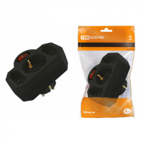 Блок на 3 гнезда с выключателем с индикацией- 1x2П+3 16А+2х2П 2.5А под плоскую вилку 250B черный TDM