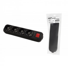 Колодка розеточная 4 гнезда 2П+3 c выключателем 16А 250В черная серии "Народная"