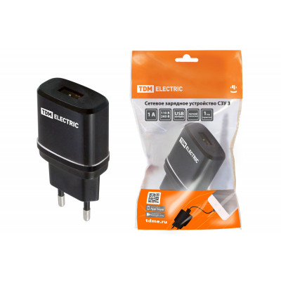 Сетевое зарядное устройство. СЗУ 3. 2.1 А. 1 USB. черный. TDM