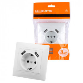 Розетка 2П+З 16А 250В + 2 USB порта 2.1А 5В белая "Лама" TDM