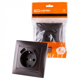 Розетка 2П+З 16А 250В + 2 USB порта 2.1А 5В шоколад "Лама" TDM