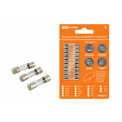 Плавкая вставка ВПТ6-2 0.25А 250В TDM упак (10 шт.)
