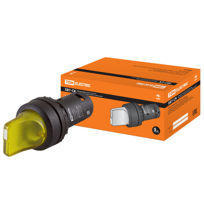 Переключатель на 2 положения с фиксацией SB7-CK2565-220V короткая ручка(LED) d22мм 1з+1р желтый TDM